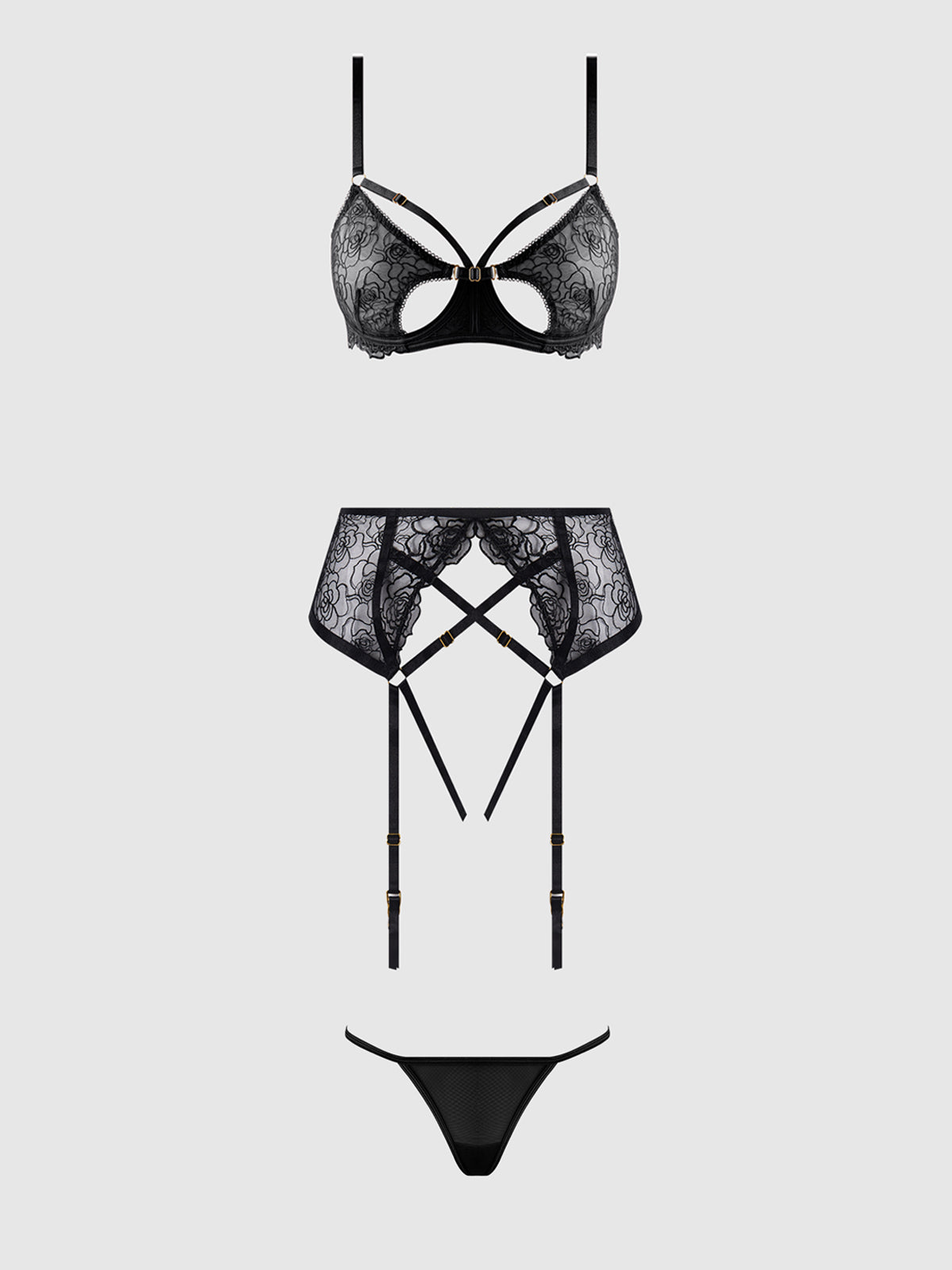 ROSALIE EMBROIDERED LACE OPEN-CUP BRA, GARTER & G-STRING SET