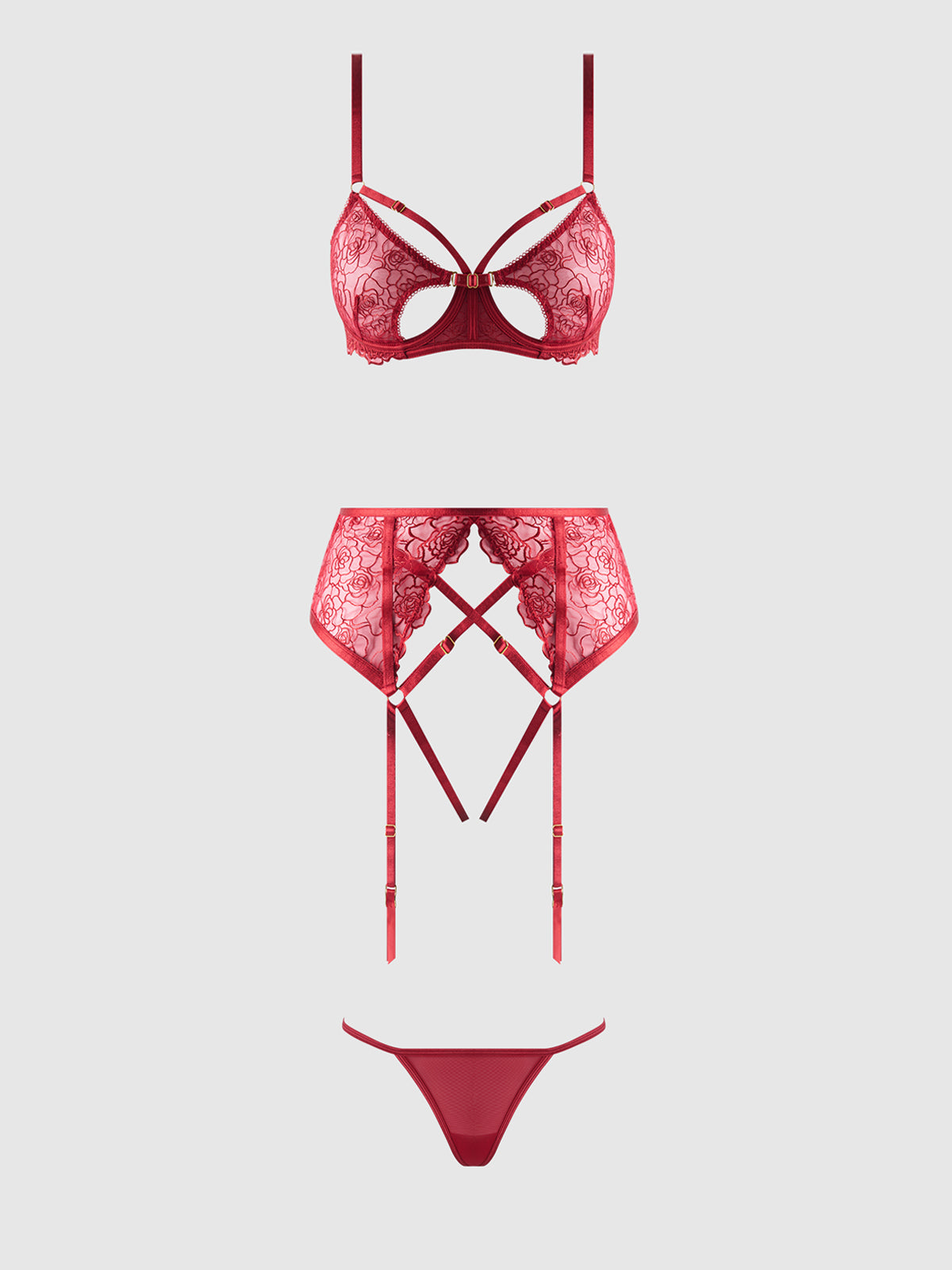 ROSALIE EMBROIDERED LACE OPEN-CUP BRA, GARTER & G-STRING SET
