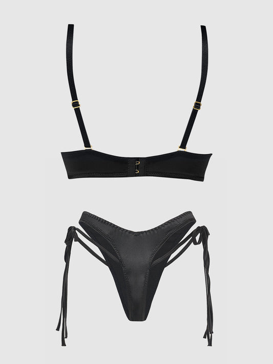 BRIGETA SATIN PLUNGE PUSH UP BRA & TIE SIDE TANGA SET