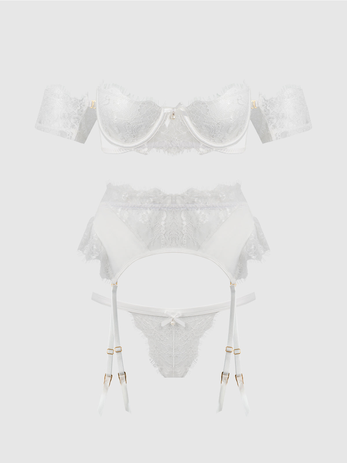 BRIDAL SATIN & LACE STRAPLESS BRA, GARTER BELT & TANGA SET