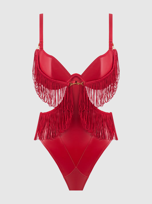 PHOENIX FAUX LEATHER & FRINGE CROTCHLESS TEDDY