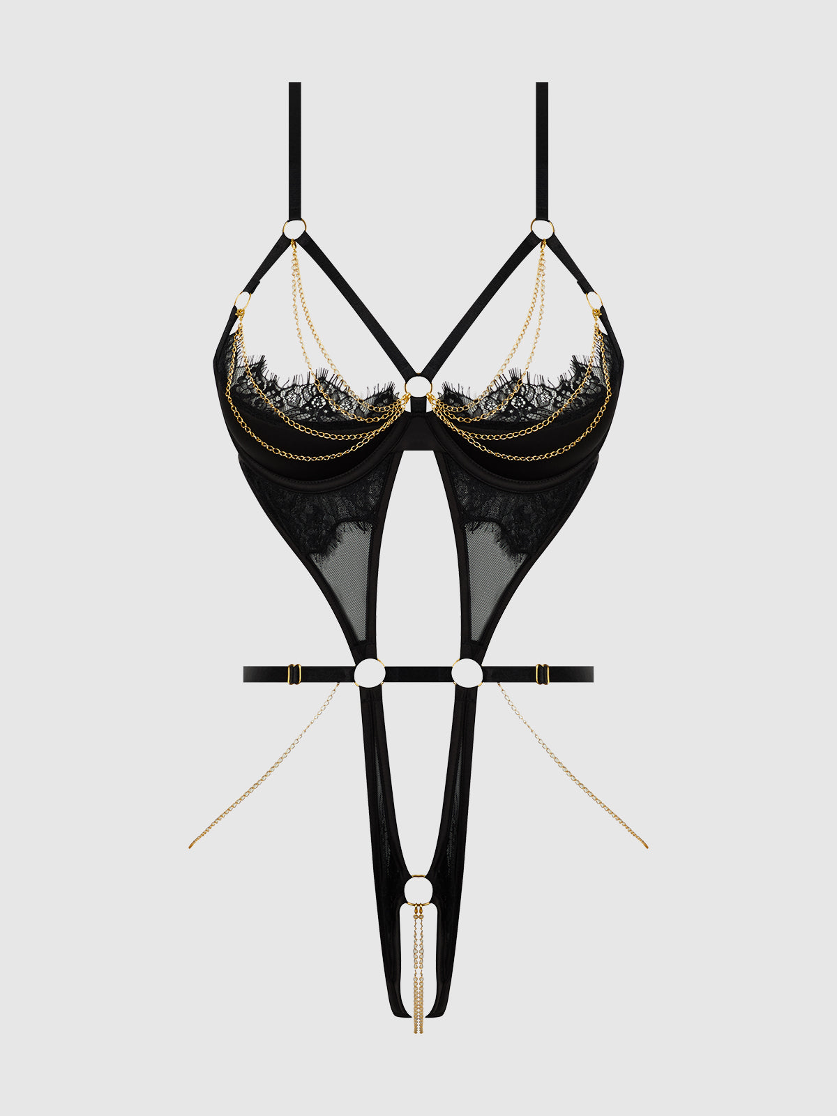 EVE LACE & CHAIN OPEN CUP & CROTCHLESS HARNESS TEDDY