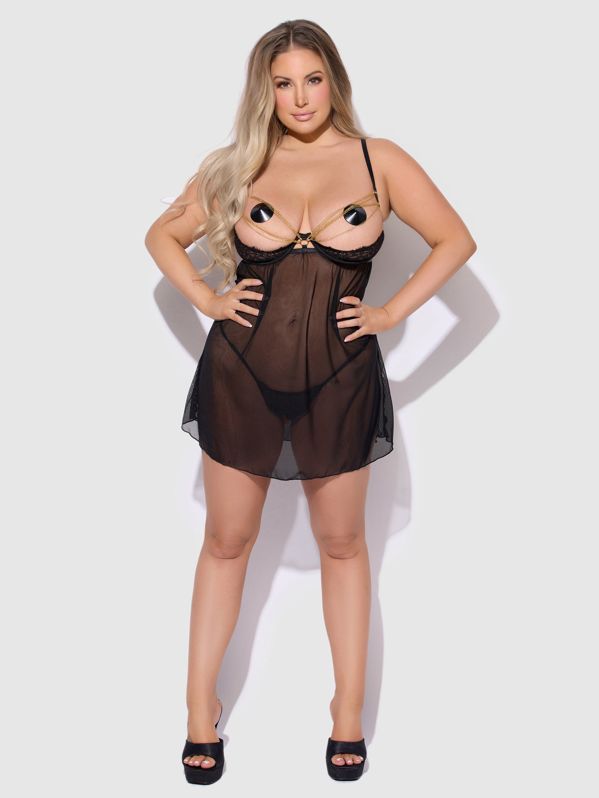 EVE LACE, CHAIN & MESH OPEN CUP BABYDOLL & G-STRING SET