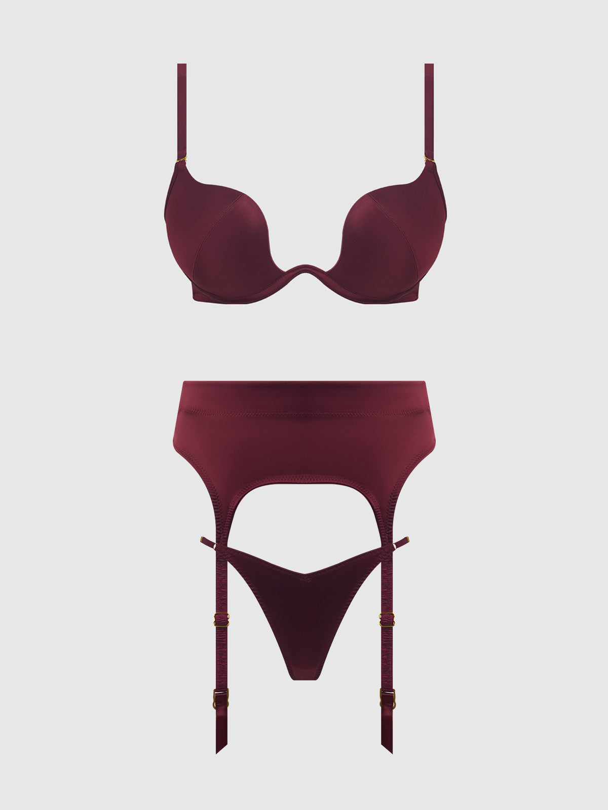 BRIGETA SATIN DEEP PLUNGE PUSH UP BRA, GARTER & THONG SET