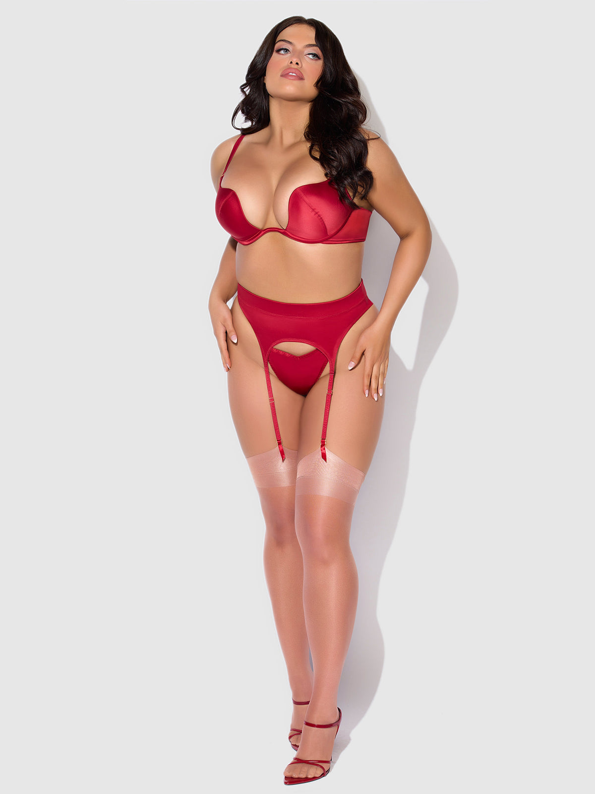 BRIGETA SATIN DEEP PLUNGE PUSH UP BRA, GARTER & THONG SET