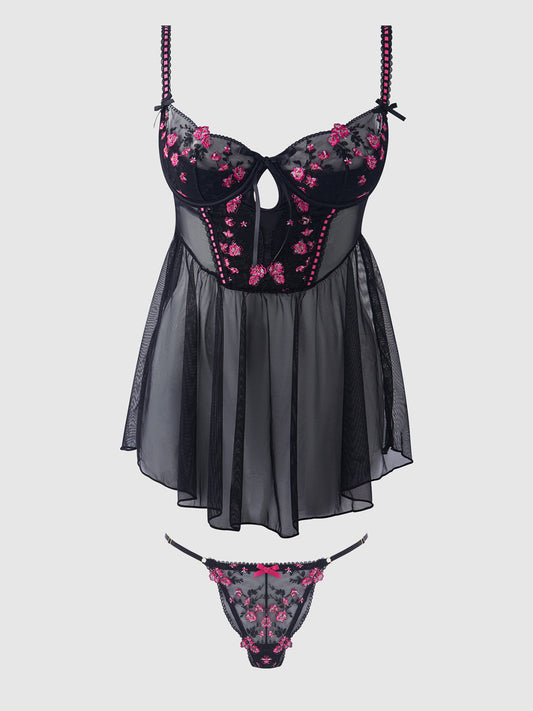 HARPER EMBROIDERED MESH DROP WAIST BABYDOLL & G-STRING SET