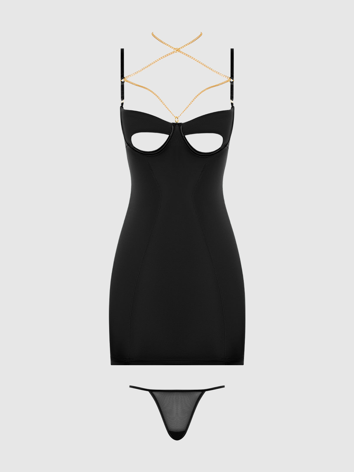 EVANGELINE SATIN & CHAIN CUTOUT CUP & OPEN BACK CHEMISE SET