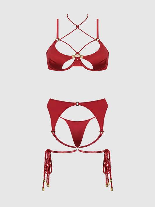 IRYNA SILKY MICRO & ROPE BRA, GARTER & THONG SET
