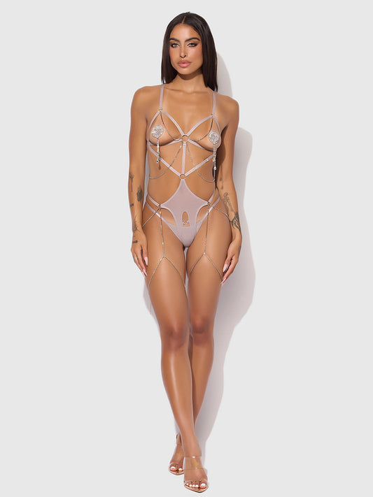 PRESLEY SHINE MESH OPEN CUP & CROTCHLESS RHINESTONE TEDDY