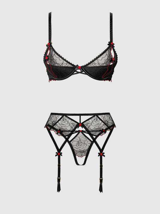 ILENA EMBROIDERED TULLE BRA, GARTER & CROTCHLESS BIKINI