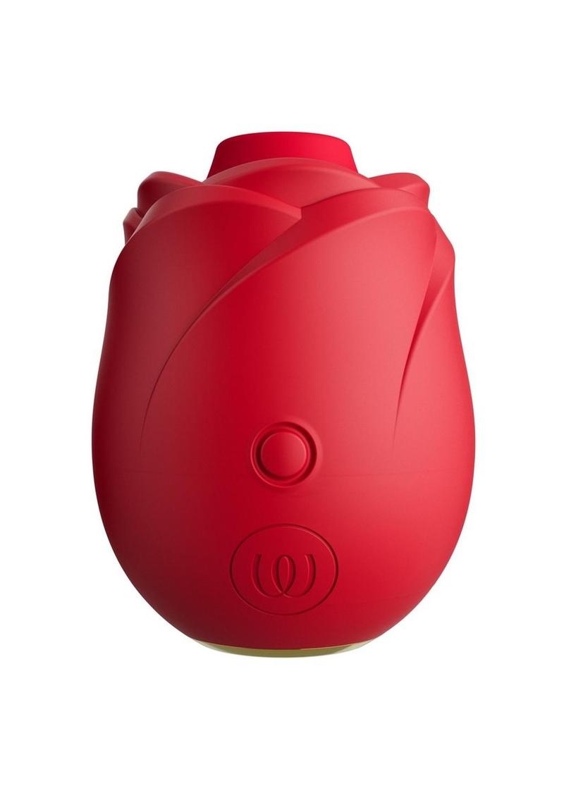 Red electronic device shaped like a rose on a white background