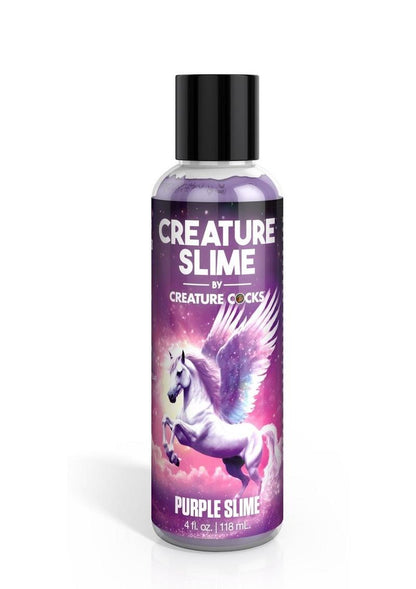 Bottle of 'Creature Slime' with a purple label featuring a unicorn on a white background