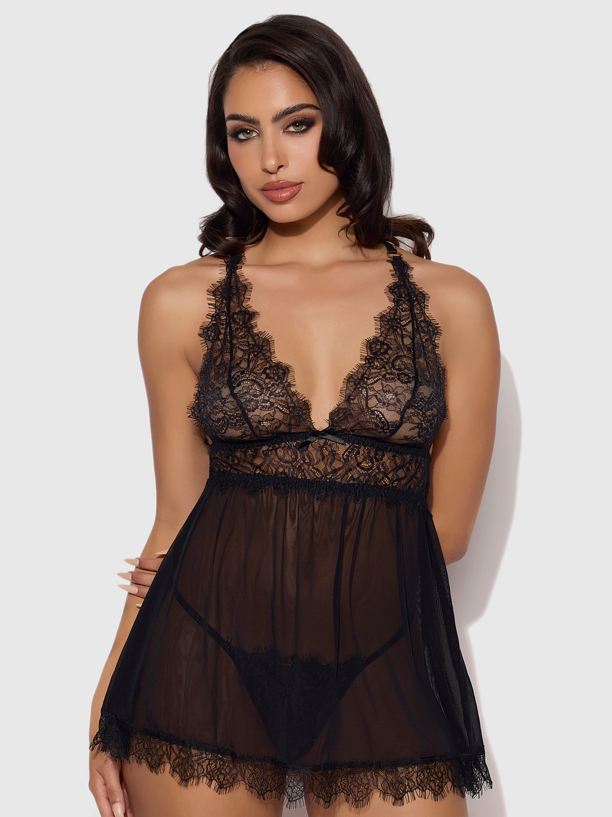 MILA EYELASH LACE & MESH BABYDOLL & G-STRING SET