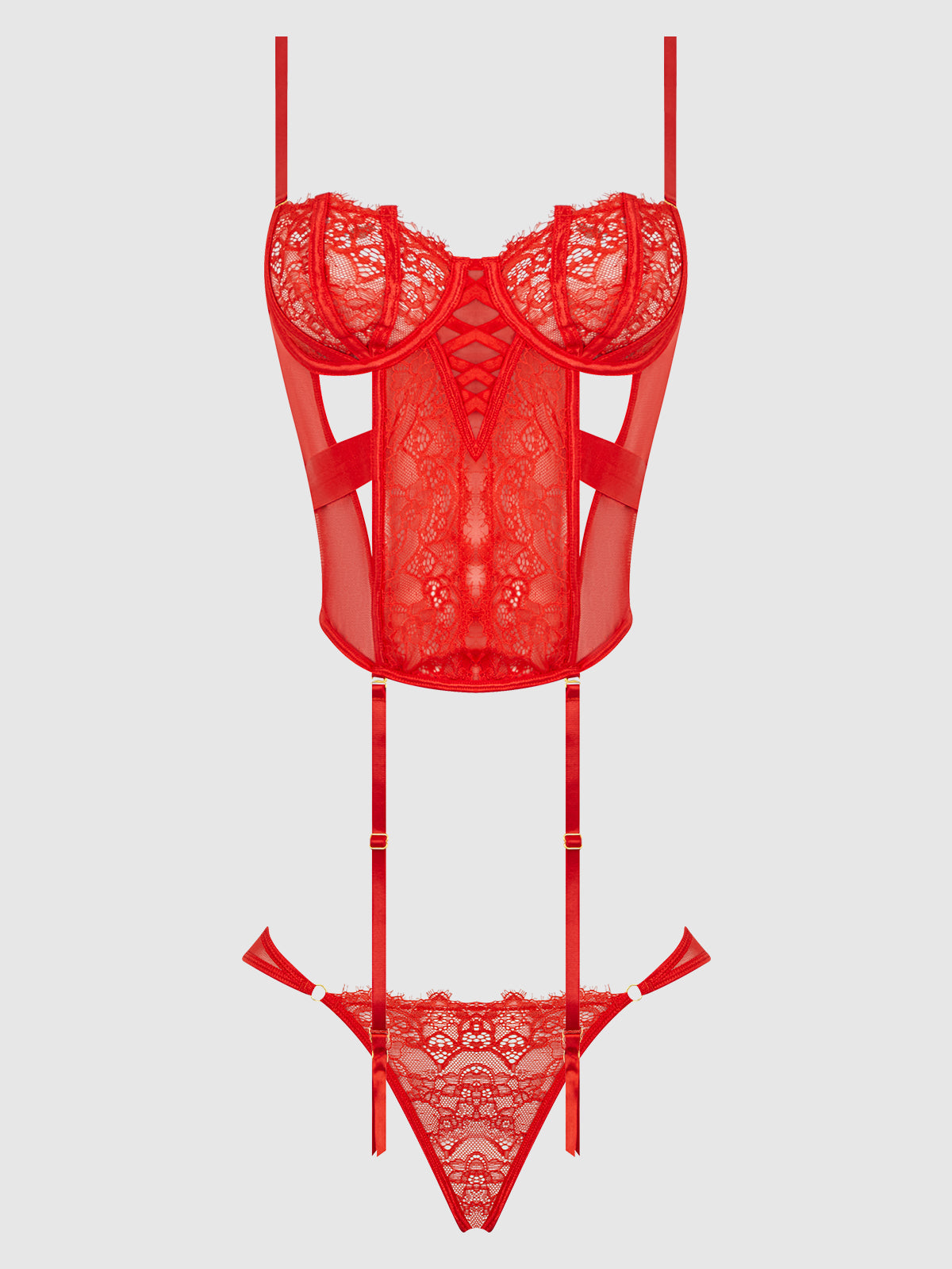 NADIA LACE & MESH CORSET & BACKLESS HIPSTER SET