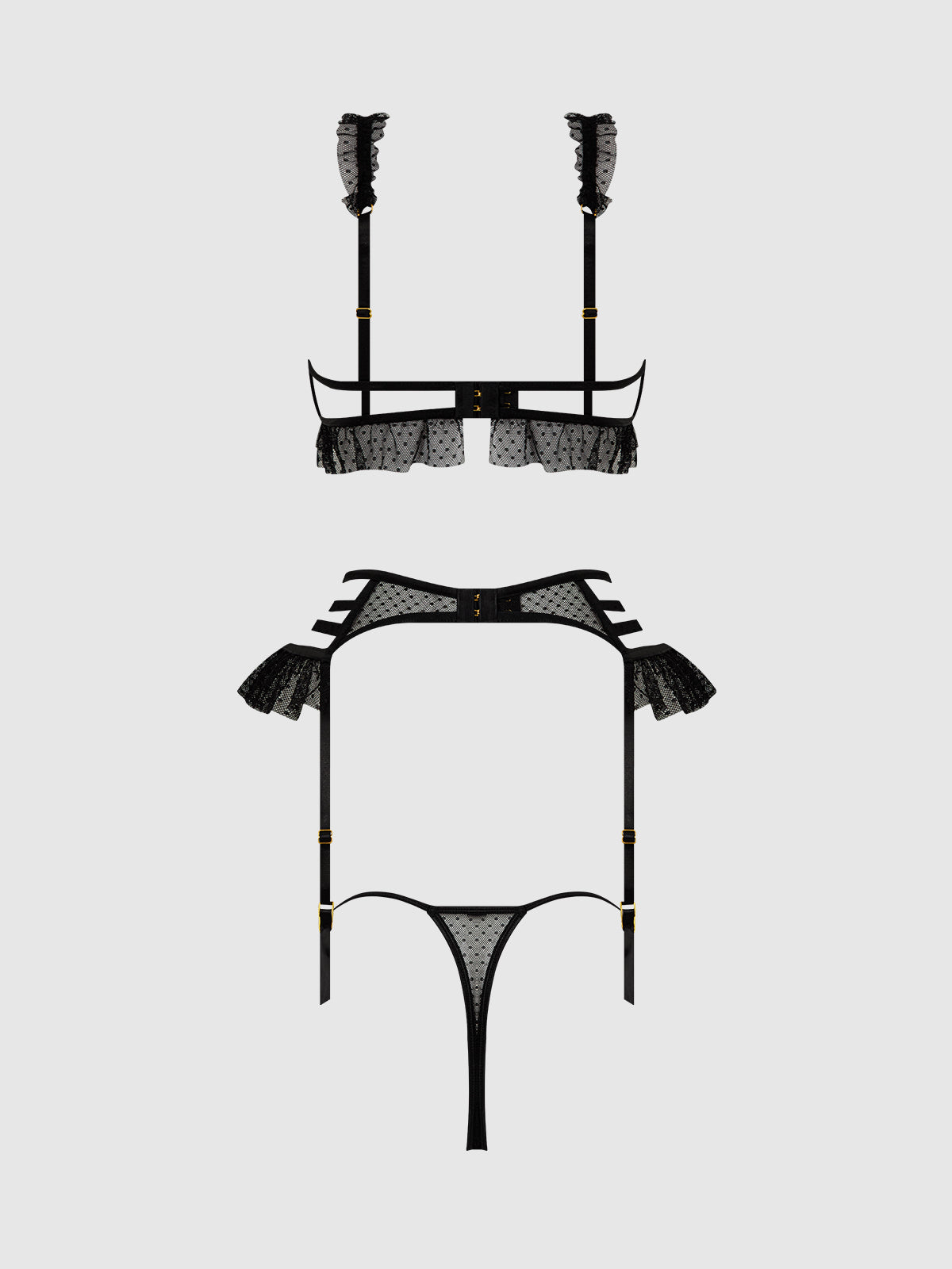 PORTIA SWISS DOT CUTOUT BRA, GARTER & THONG SET