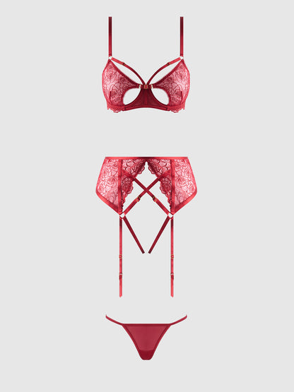 ROSALIE EMBROIDERED LACE OPEN-CUP BRA, GARTER & G-STRING SET