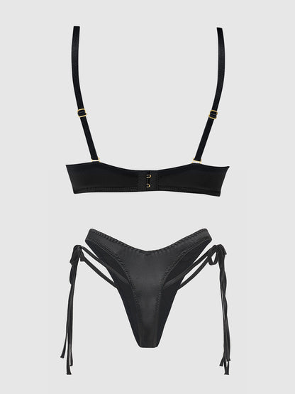 BRIGETA SATIN PLUNGE PUSH UP BRA & TIE SIDE TANGA SET