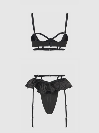 BRIGETA SATIN OPEN CUP BRA & SKIRTED THONG SET