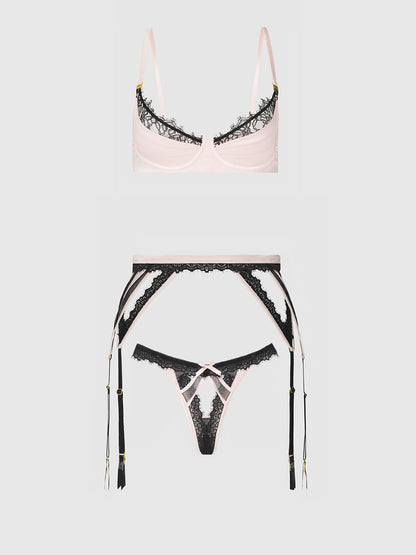 JOCELYN SATIN & LACE PUSH UP BRA, GARTER, & TANGA SET
