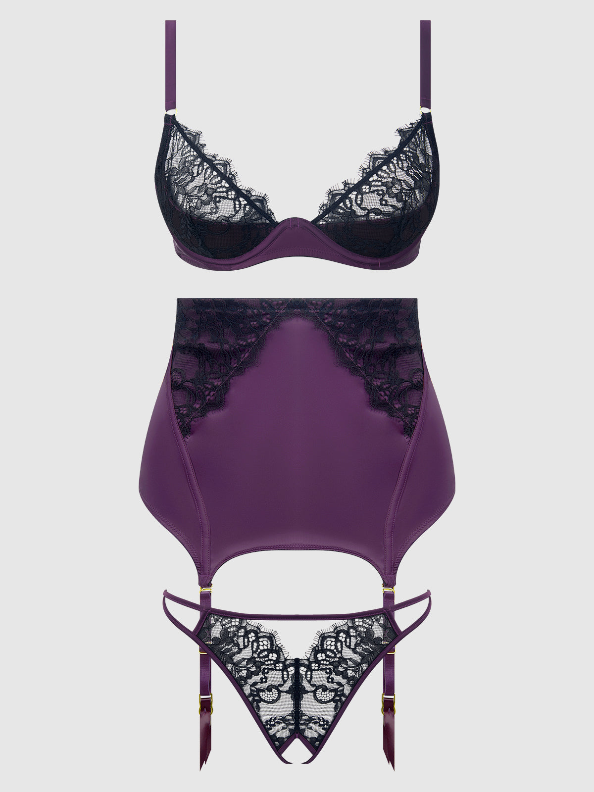 JOCELYN LACE & SATIN BRA, SKIRT & CROTCHLESS G-STRING SET