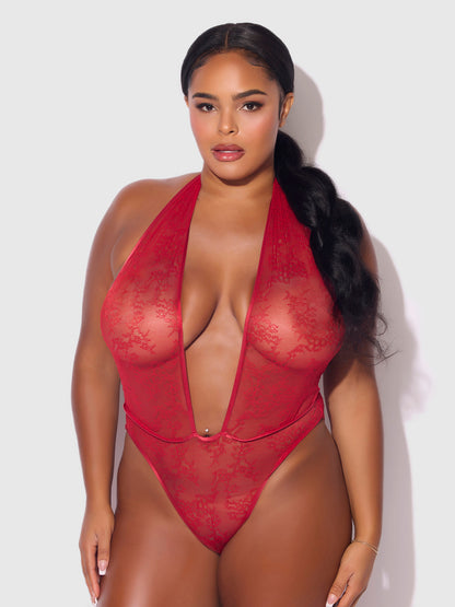 KIKI LACE PLUNGE HALTER TEDDY