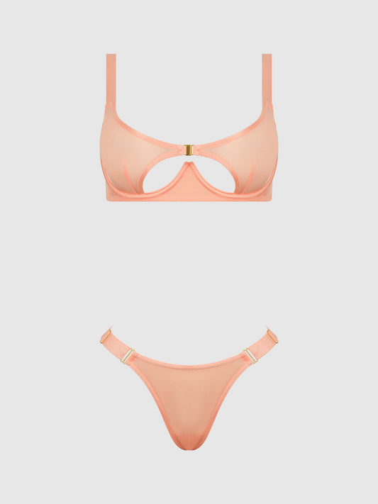 YVONE SHIMMER MESH OPENABLE CUP BRA & THONG SET