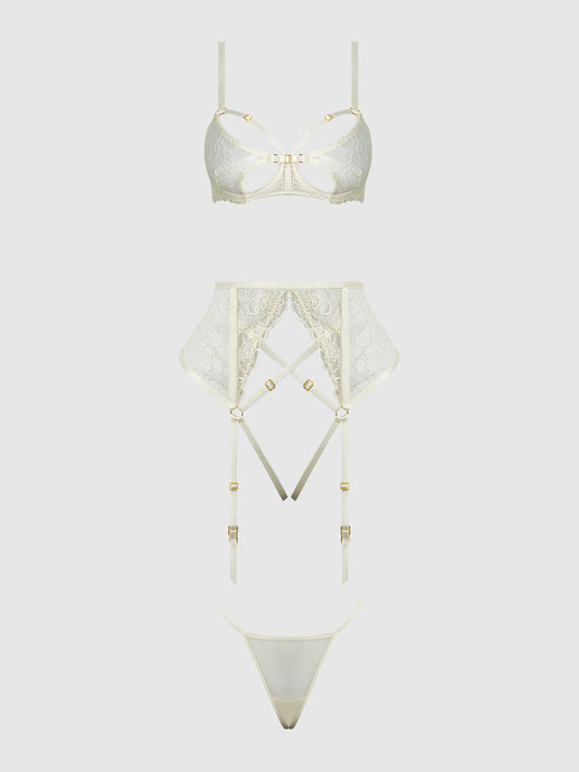 ROSALIE EMBROIDERED LACE OPEN-CUP BRA, GARTER & G-STRING SET