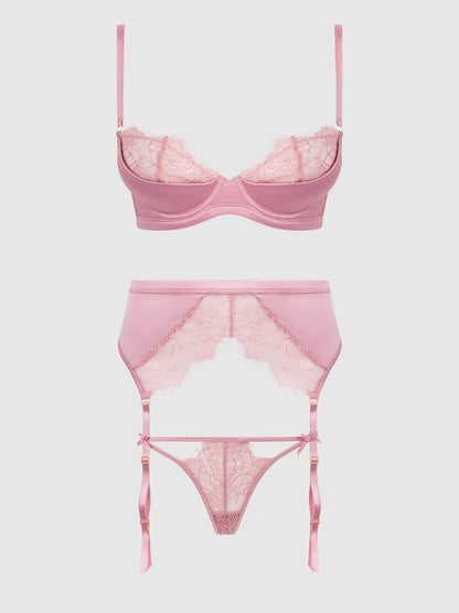 BLAIR SATIN & LACE BRA, GARTER & G-STRING SET