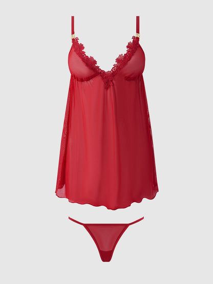 ASHLEY ALEXISS LACE & MESH BABYDOLL & G-STRING SET