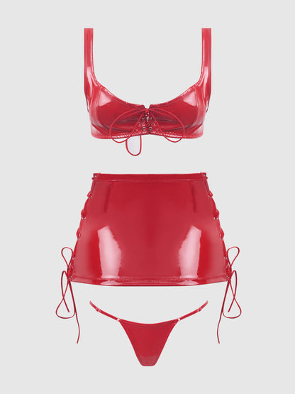 TRINITY PATENT LACE UP BRALETTE, SKIRT & G-STRING SET