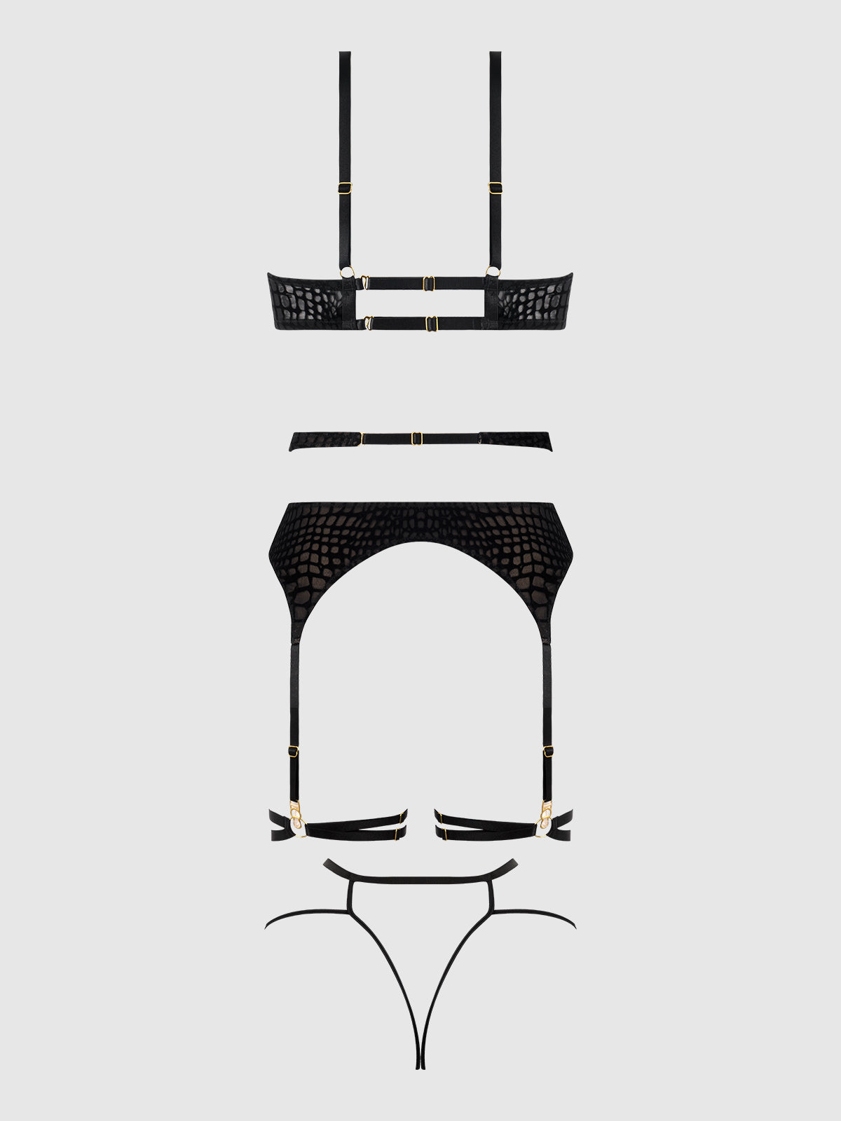 SNAKE VELVET-BURNOUT MESH BRA, GARTER, & BACKESS HIPSTER SET