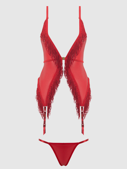 PHOENIX FAUX LEATHER & FRINGE CHEMISE & G-STRING SET