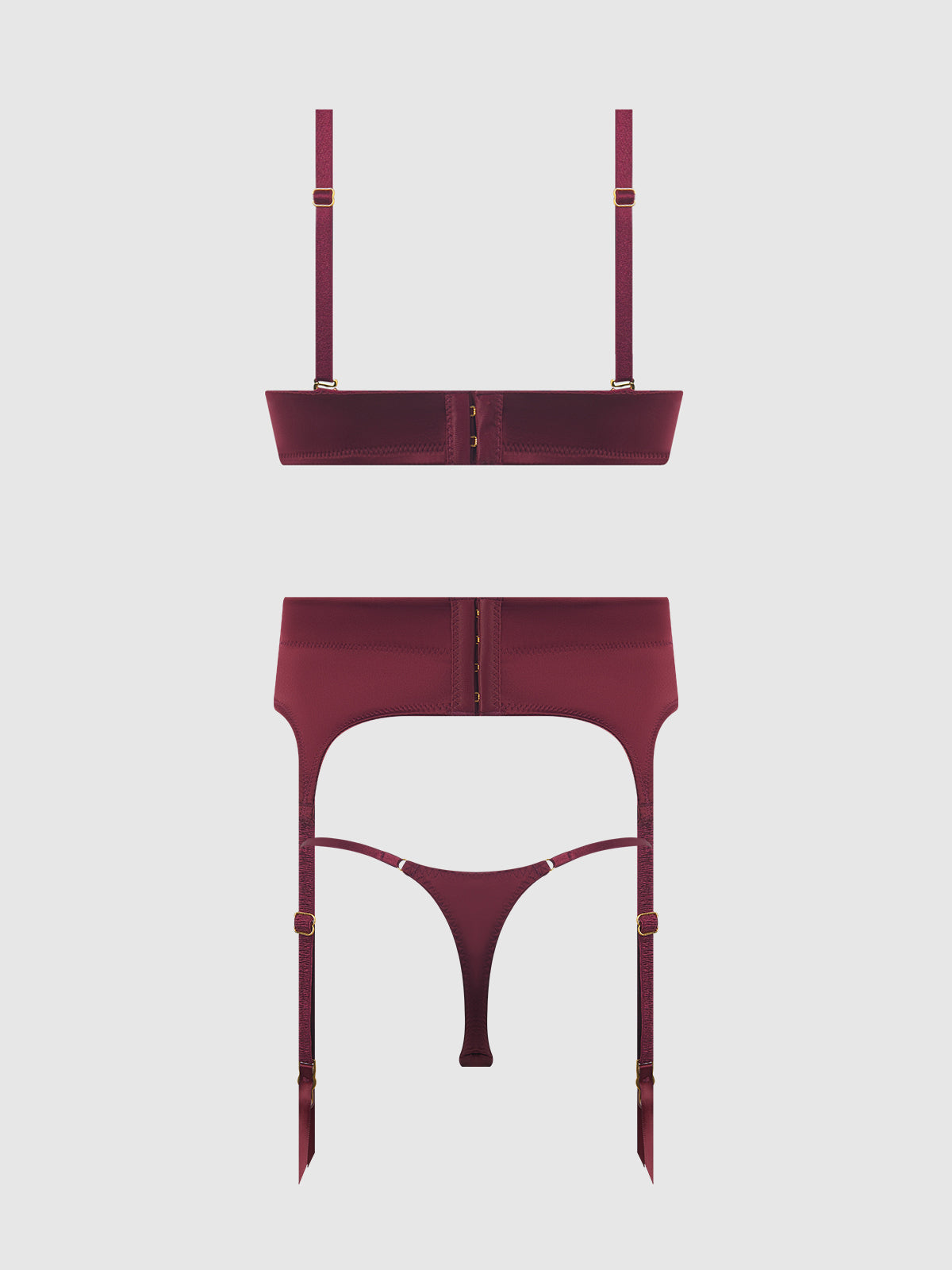 BRIGETA SATIN DEEP PLUNGE PUSH UP BRA, GARTER & THONG SET