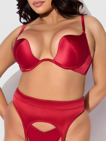 BRIGETA SATIN DEEP PLUNGE PUSH UP BRA, GARTER & THONG SET