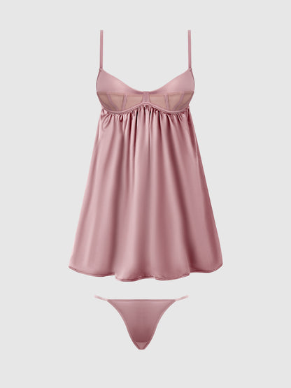 BRIGETA SATIN & MESH CORSETTED BABYDOLL & G-STRING SET