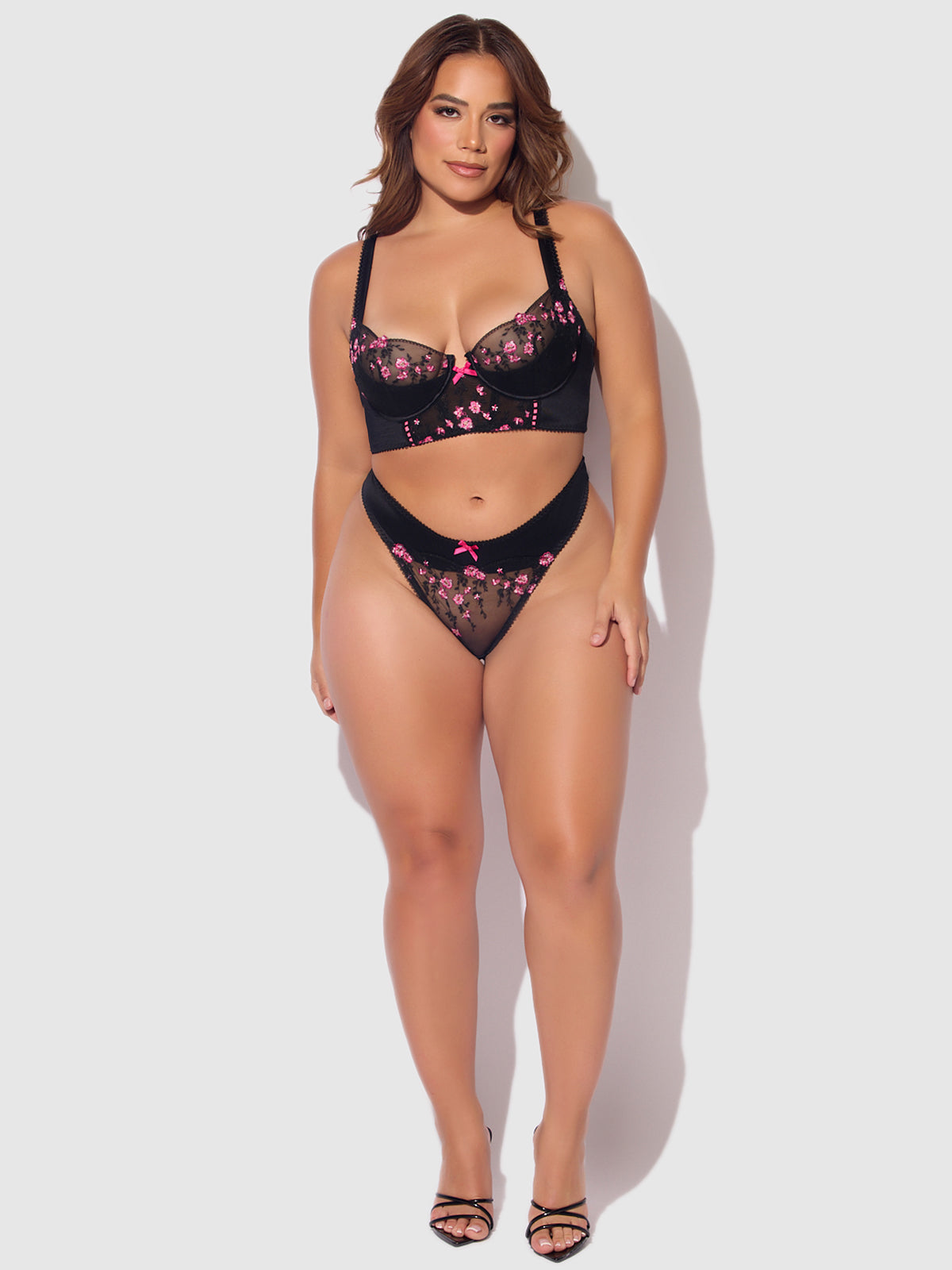HARPER EMBROIDERED MESH & MICRO LONGLINE BRA & THONG SET
