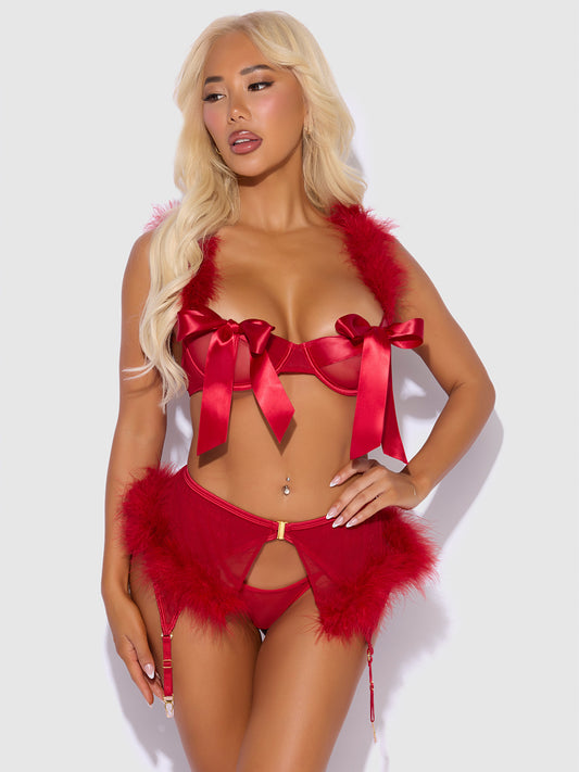 MARILYN MARABOU & MESH OPENABLE BRA, GARTER, & G-STRING SET