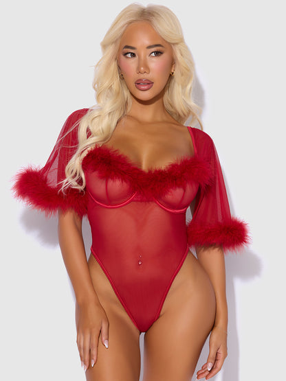 MARILYN MARABOU & MESH BELL-SLEEVED BODYSUIT