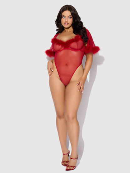 MARILYN MARABOU & MESH BELL-SLEEVED BODYSUIT