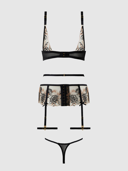DELILAH EMBROIDERED PUSH UP BRA, GARTER & THONG SET