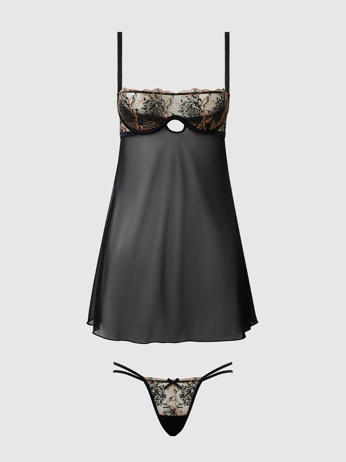 DELILAH EMBROIDERED & MESH MONOWIRE BABYDOLL SET