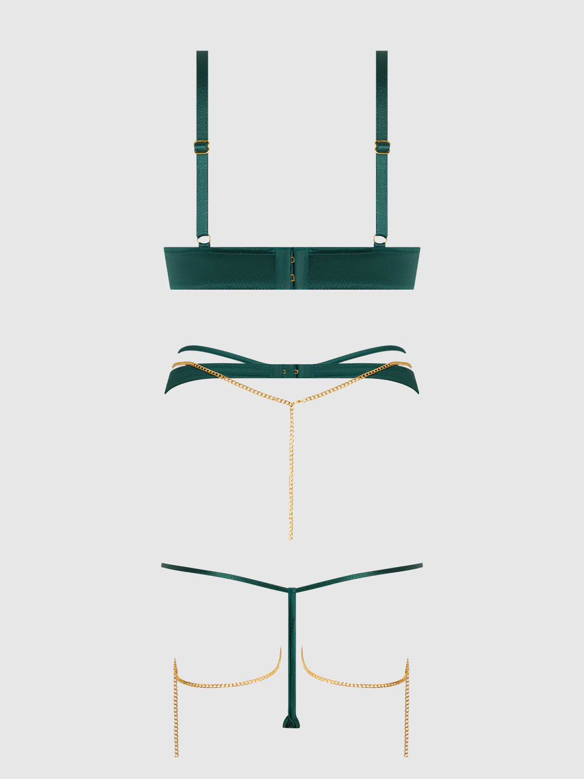 EVANGELINE SATIN & CHAIN BRA, THIGH GARTER & G-STRING SET