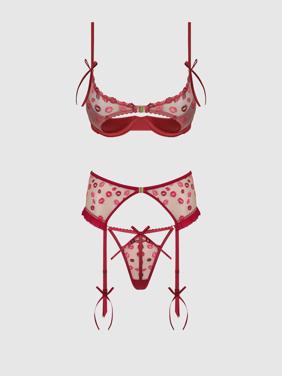 ANGELINA LIPS EMBROIDERY OPEN CUP BRA, GARTER & BOW G-STRING SET