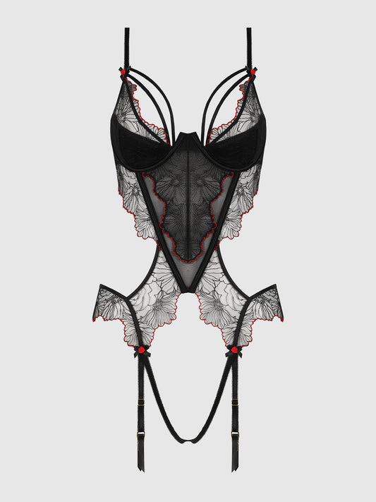 ILENA EMBROIDERED TULLE CROTCHLESS & OPEN BACK TEDDY