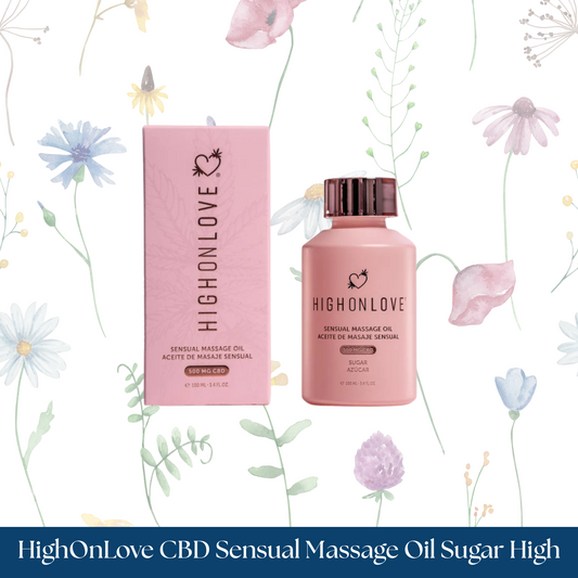 HighOnLove CBD Sensual Massage Oil with packaging on a floral background