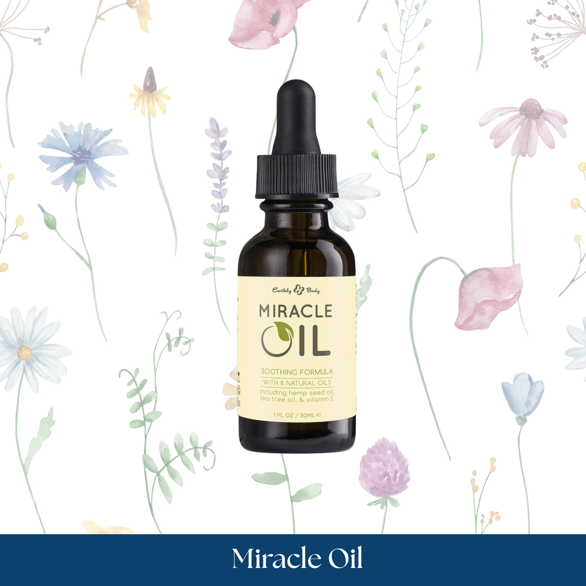 Bottle of Miracle Oil with a floral background