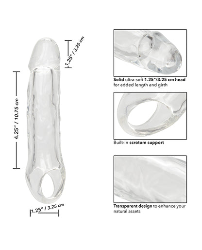 Clear product with measurements and features on a white background