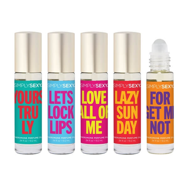 Five bottles of Simply Sexy perfume with colorful labels on a white background
