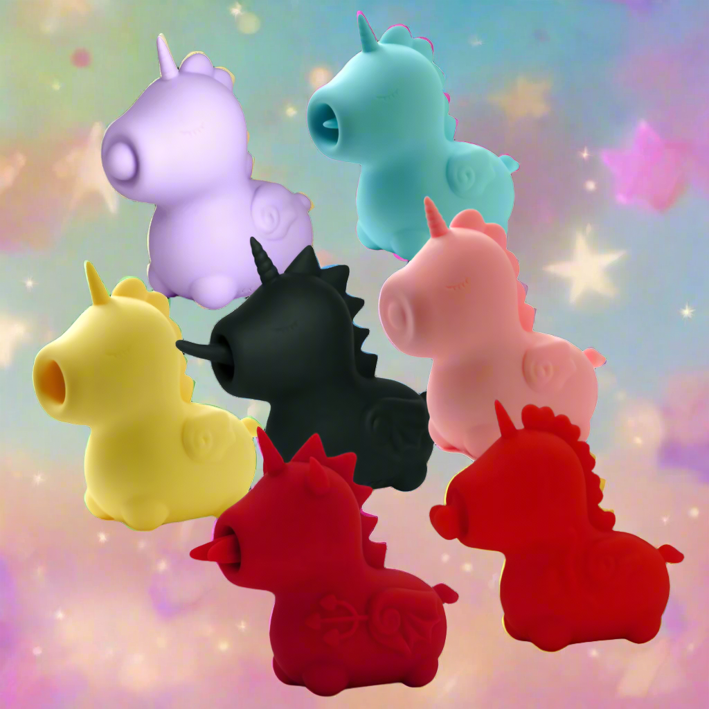 Colorful silicone unicorn-shaped toys on a colorful background