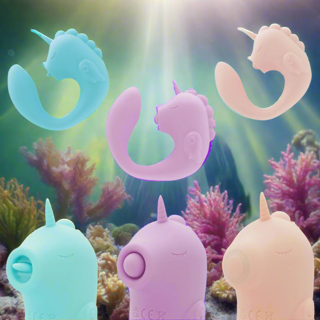 Set of three silicone animal-shaped items in blue, purple, and pink on a underwater background